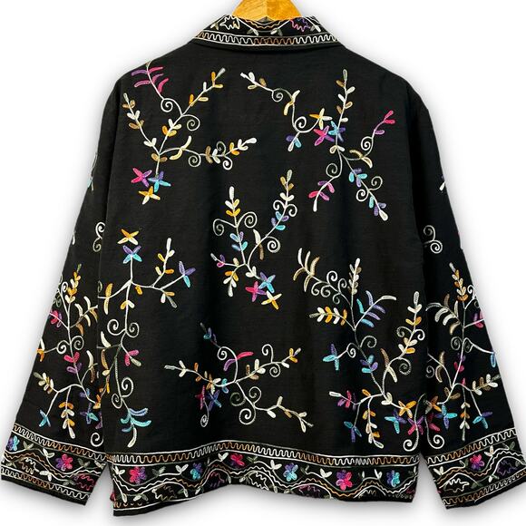 Life Style Black Floral Jacket Lightweight Silk Blend Embroidered Dressy Medium - Picture 3 of 4
